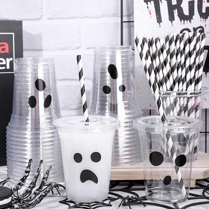 Whaline 60 Pcs 12 Oz Halloween Disposable Plastic Cups with Lids and Straws Black Spooky Ghost Cold Beverage Drinking Cups for Trick or Treat Birthday Party Supplies