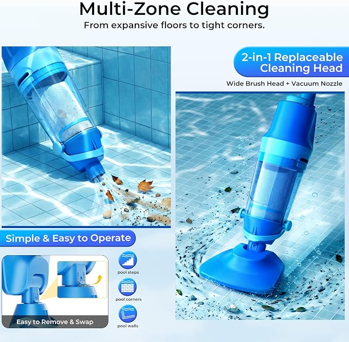 Pool Vacuum for Above Ground Pool, 1427 GPH Powerful Stable Suction, Telescopic Pole up to 90.7", 1H Runtime, Cordless Pool Vacuum for Inground Pools, Extra-Large Filter, Ideal for Leaves/Sand/Debris