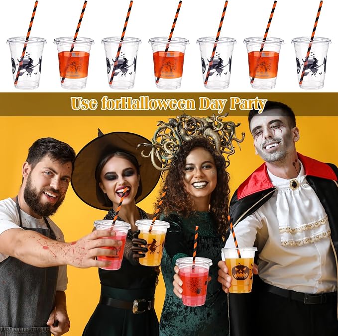 Yaomiao 300 Pcs 12 oz Halloween Plastic Party Cups with Lids and Straw Happy Halloween Plastic Cup Halloween Disposable Clear Cups Whiskey Party Cups Black Pumpkin Witch Drinking Set for Party Supply