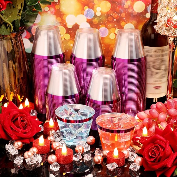 Lounsweer 100 Pcs 9oz Rimmed Plastic Cups Wedding Clear Cocktail Cups Heavy Duty Disposable Wine Glasses for Birthday Bridal Shower Baby Shower Holiday Celebrations(Purple)