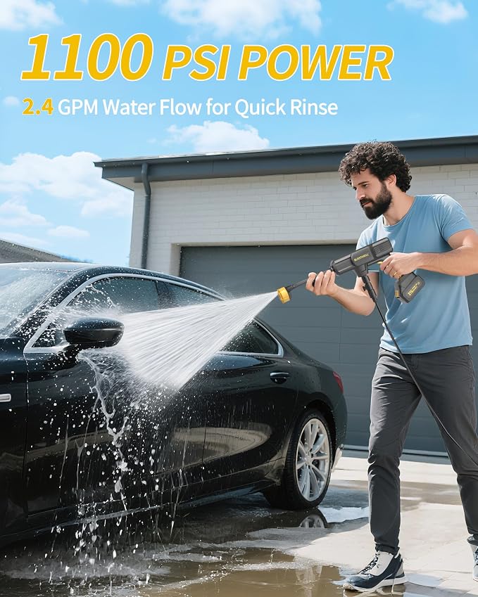 Handheld Battery Operated Washer, 1100 PSI Lightweight Mini Washer for Car, Home, Patio, Driveway and Garden Cleaning (Tough Yellow)