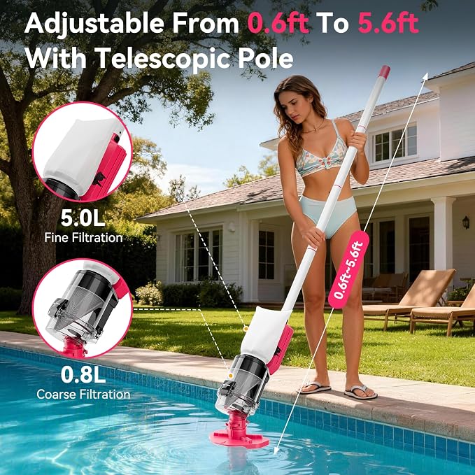Cordless Pool Vacuum with Telescopic Pole, Powerful 30 GPM Suction, Advanced Dual Filtration, Replaceable Battery, 1H Runtime, Handheld Pool Cleaner for Above Ground and Inground Pools, Pink