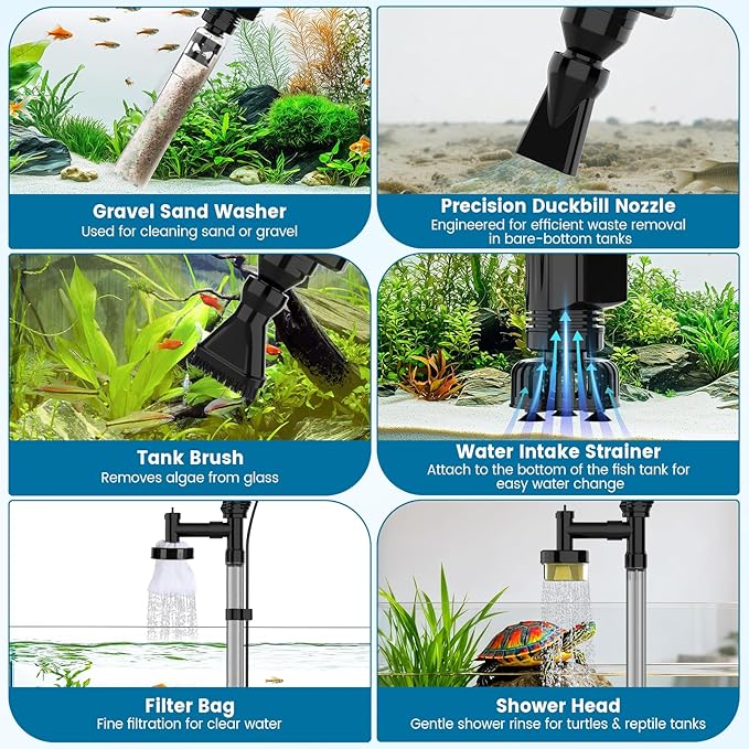 AQQA Electric Aquarium Gravel Cleaner, 6-in-1 Fish Tank Vacuum with Anti-Clog Gravel Barrier, Sand Washer, Water Changer, Filter Bag, Adjustable Flow & Water Circulation, 320GPH for 15+ Gallon Tanks