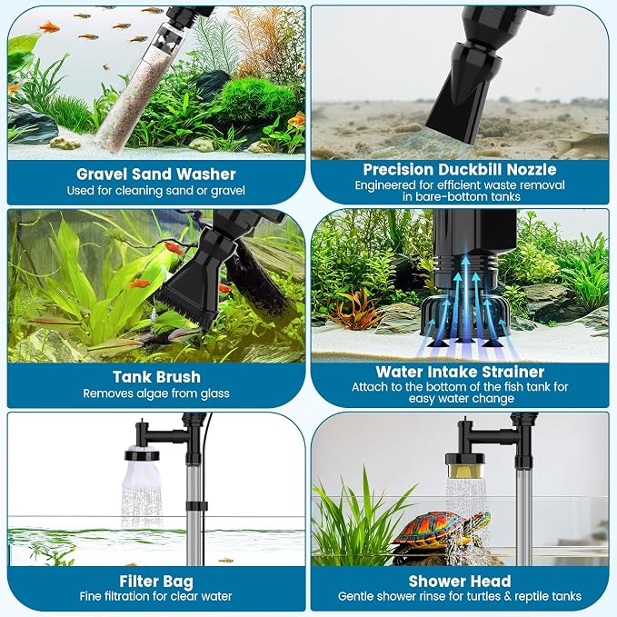 AQQA Electric Aquarium Gravel Cleaner, 6-in-1 Fish Tank Vacuum with Anti-Clog Gravel Barrier, Sand Washer, Water Changer, Filter Bag, Adjustable Flow & Water Circulation, 211GPH for 15+ Gallon Tanks