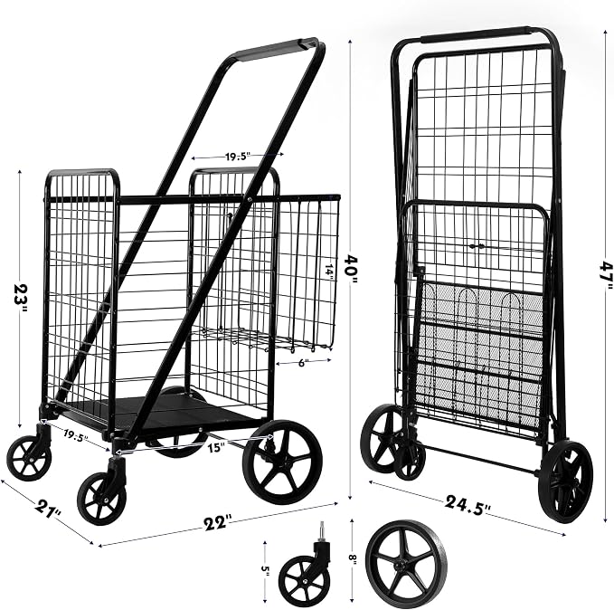 BIEAMA Folding Shopping Cart, 450 Lb Capacity Grocery Cart, Extra Large | Heavy Duty Utility Cart with 360 Rolling Swivel Wheels, Extra Basket