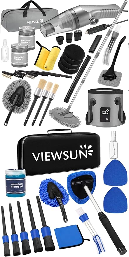 35Pcs Car Cleaning Kit with High Power Handheld Vacuum, Car Wash Mop with Long Handle, Bucket, Detailing Brush Set, Windshield Cleaner, Complete Interior Exterior Washing Supply for Men Women
