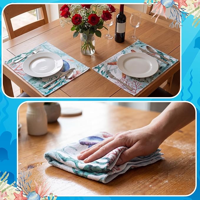 Tinlade 36 Pack Reusable Cleaning Cloths Washable Cotton Kitchen Towels Bulk 11.81 x 9.84 Inches Absorbent Dish Towels Roll for Home Kitchen Cleaning Supplies 12 Styles(Ocean Animal)