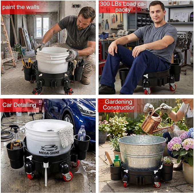 Heavy-Duty Bucket Dolly with Wheels,5 Gallon Bucket Roller with Locking Casters & Secure Clamp,Rolling Bucket Cart for Cleaning, Gardening,Industrial Use,300Lbs,Equipped with three detachable brackets