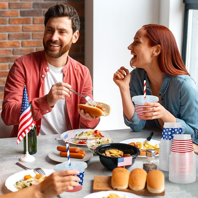 Whaline 100 Pcs 9Oz Patriotic Disposable Plastic Cups with Lids and Straws Red Blue 4th of July Star Stripe Cold Beverage Drinking Cups for Independence Day 250th Anniversary Party Supplies