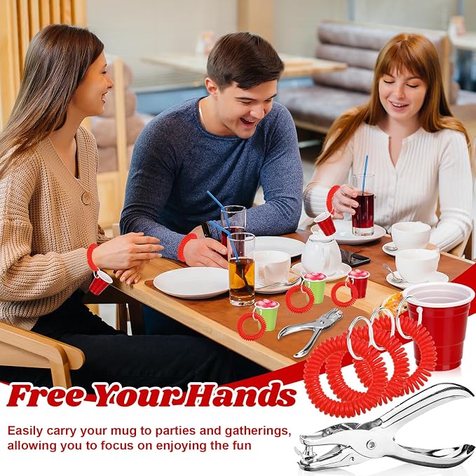 100 Pcs Red Stretchable Wristband for Shot Cups Wrist Coil Keychain with Hole Puncher Plastic Wristlet Keychain Kit for Shot Tasting Glasses Sports Game Party Supplies