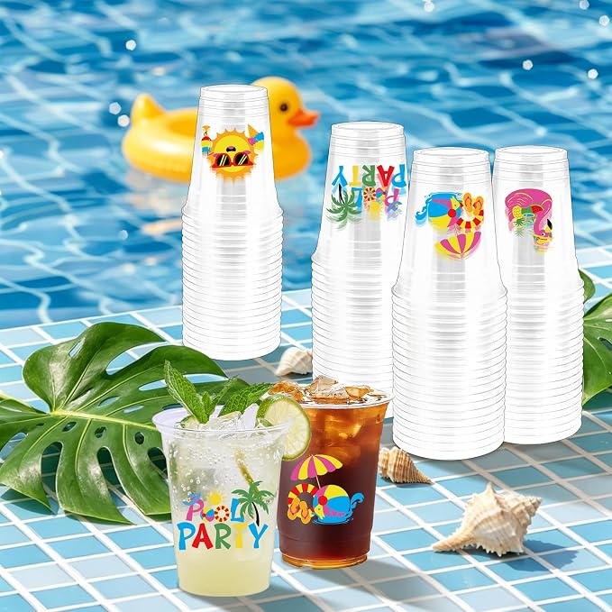 100Pcs Beach Pool Plastic Party Cups, 12oz Summer Disposable Clear Cups for Pool Party, Beach Holiday Party, Birthday Drinking Cups, Hawaiian Luau Supplies Summer Favors (2 Styles)