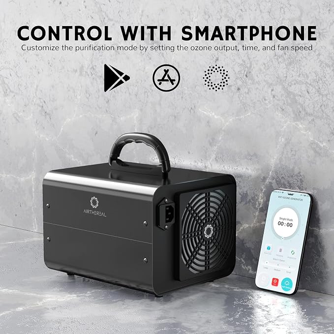 Airthereal MA10K-PRO SMART WiFi Ozone Generator - High Ozone Output Capacity Ozonator- Odor Remover, Deodorizer, Sterilizer - Adjustable Output and Timer Settings for Any Size Room - Black