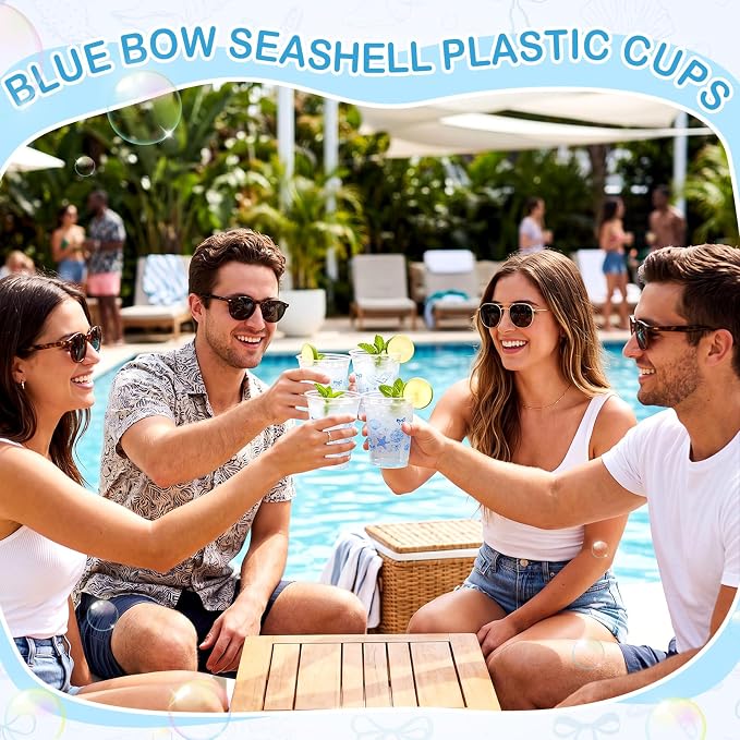 Tanlade 60 Pcs Ocean Party Plastic Cups 12 oz Blue Bow Seashell Starfish Seashell Coastal Nautical Sea Theme Disposable Cups for Baby Shower Summer Theme Birthday Wedding Party Supplies Decorations