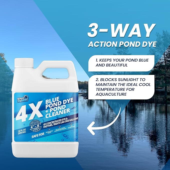 32oz 4X Blue Pond Dye + Pond Cleaner, Blue Dye for Ponds and Lakes, 2-in-1 Lake Colorant + Enzymes, Makes Murky Water Clean & Beautiful, Keeps the Water Cool, Clear, and Ideal for Fish & Wildlife
