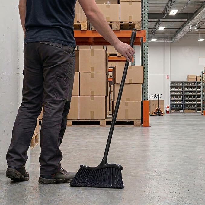 Restaurantware RW Clean 12 x 2 x 39 Inch Angle Broom 1 With Clip Back Sweeping Broom - Dustpan Sold Separately Flagged Bristles Black Plastic Restaurant Broom Lightweight Heavy-Duty