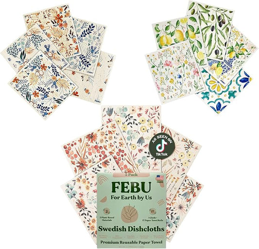 FEBU Swedish Dishcloth Bundle | Set of 3 Packs | Swedish Dishcloths for Kitchen | 5 Pack Reusable Paper Towels Washable