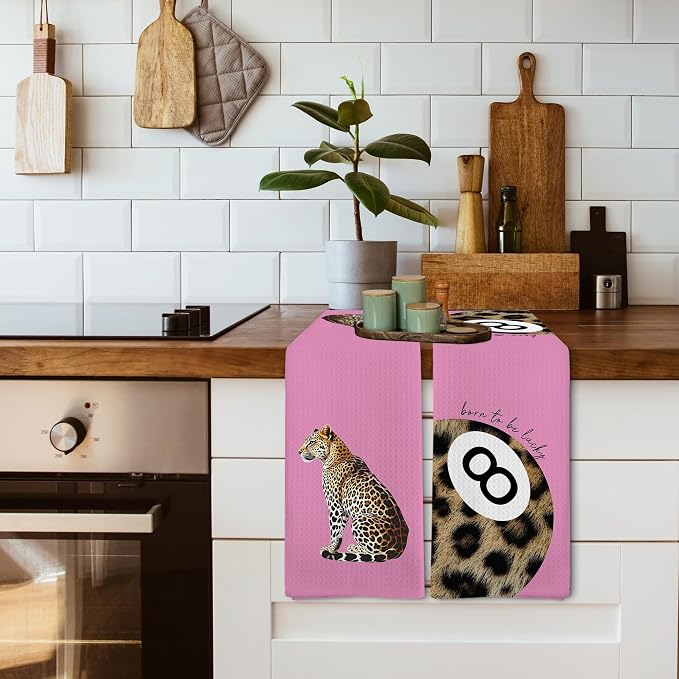 Trendy Leopard Cheetah Print Lucky 8 Ball Bathroom Decor, Preppy Girly Pink Leopard Decor Dish Hand Tea Towels for Bathroom Kitchen Sets of 2, Cheetah Kitchen Towels and Dishcloths,16x24 Inch