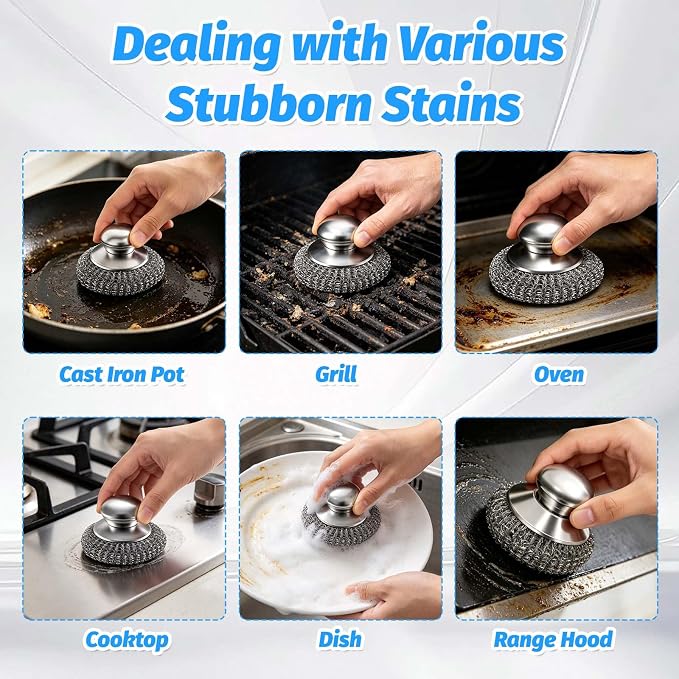50Pcs Steel Wool Scrubber with 2 Handles, Stainless Steel Scrubber Pads for Dishes, Pots, Pans, Grill, Oven, Kitchen Cleaning, Rust Resistant Heavy Duty Scouring Pads