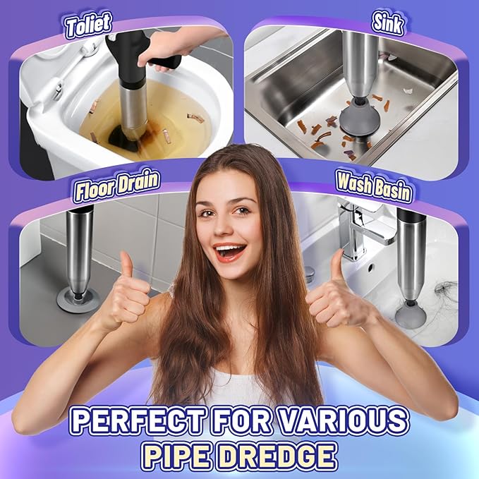 Toilet Plunger, High Pressure Air Drain Blaster, Drain Clog Remover Tool, High Pressure Drain Blaster Gun with Visual Barometer, Powerful Sink Plunger for Bathroom Kitchen Toilet Clogged Pipe