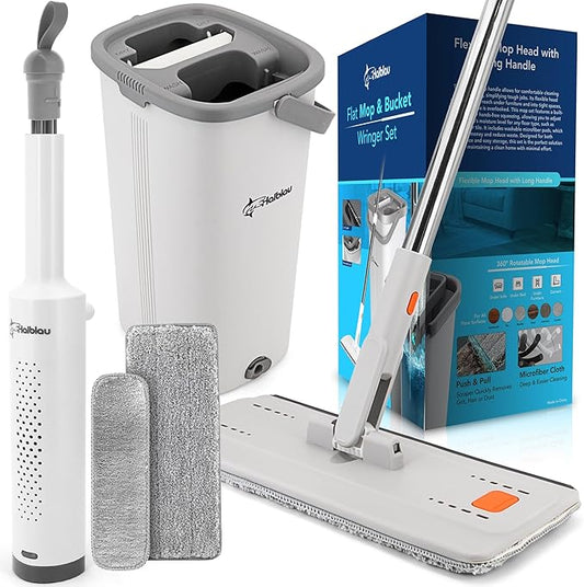 Flat Mop & Bucket Wringer Set with Self-Squeeze Mini Mop, Portable Handheld Wet/Dry Cleaner with Microfiber Pads, Flat Mop and Bucket System