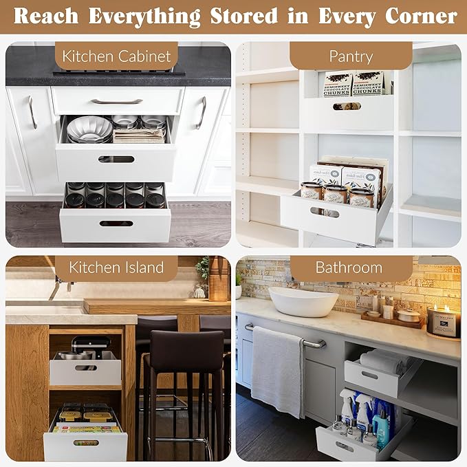 HBL' 1 Pack | 21" Deep Pull Out Cabinet Organizer Adhesive, 12-Inch Wide Sturdy Carbon Steel Roll-Out Drawers, Designed for Frameless Cabinets, Slide-Out Shelves for Pantry.