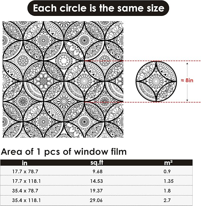 DKTIE Boho Stained Glass Look Window Privacy Film with Installation Tools, Decorative Frosted Glass Window Film Static Cling No Glue Removable, Pure Black, 17.7" x 118.1"