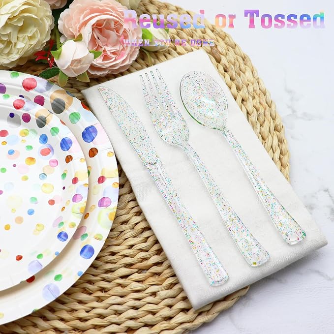 150 Pack Clear Plastic Silverware - Disposable Cutlery with Colorful Design, Includes 50 Forks, 50 Knives, 50 Spoons for Birthday, Wedding, Baby Shower