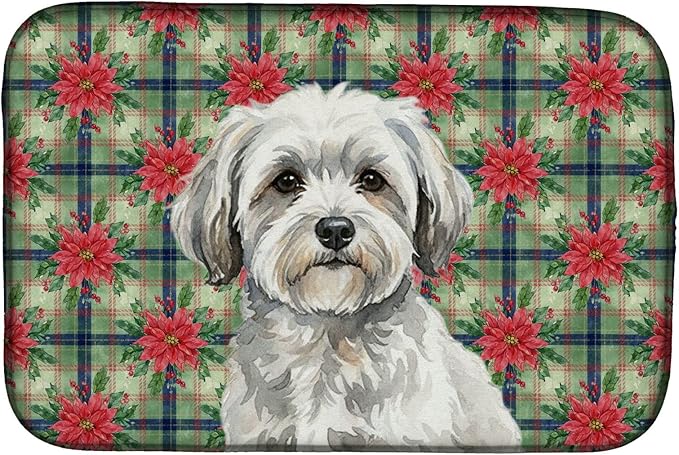 Caroline's Treasures White with Gray Coton de Tulear Christmas PoinsettIas Dish Drying Mat Absorbent Dish Drying Mat Pad for Kitchen Counter Dish Drainer Mat for Countertop, 14 x 21", Multicolor