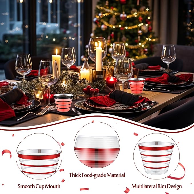 Gejoy 9 oz 100pcs Casino Party Cup Rimmed Stripe Plastic Cups Bulk Disposable Wine Hard Plastic Drinking Cocktail Cups Tumblers for Wedding Gathering Party Supplies(Black, Red)
