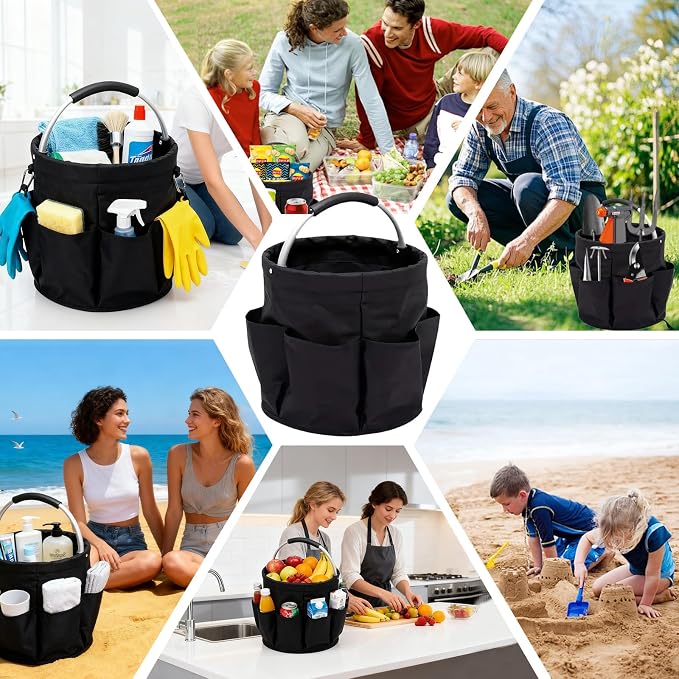 JINGYAN 17L Large Collapsible Folding Cleaning Caddy with Handle & 6 Side Pockets – Portable Waterproof Bucket Tote for Cleaning Supplies, Housekeeping, Laundry, Bathroom & Outdoor Storage