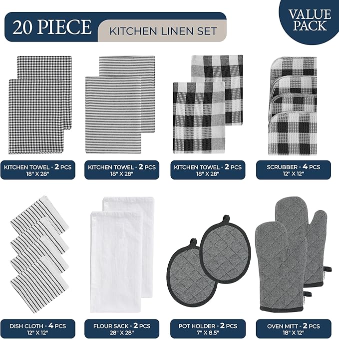 LANE LINEN Kitchen Towels Set 20 Pack - Ultra Soft Cotton Kitchen Hand Towels, Highly Absorbent Dish Cloths, Durable Scrubbers, Flour Sack Tea Towels, Heat Resistant Oven Mitts & Pot Holders - Black