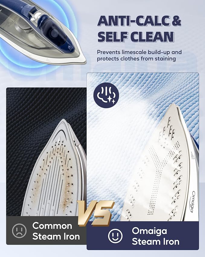 OMAIGA Steam Iron for Clothes, 1750W Clothes Iron with Ceramic Soleplate, Powerful Steam, 3-Way Auto Shut Off, Self-Cleaning & Anti-Calc, Anti-Drip, 13.52oz Water Tank, Grey