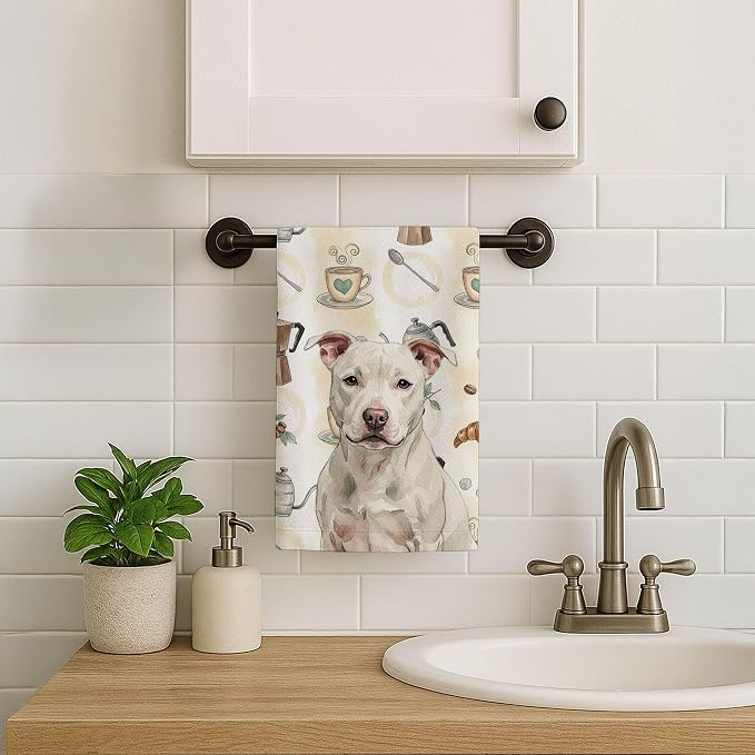 Caroline's Treasures White Staffordshire Bull Terrier Coffee Bar Kitchen Towel Velour Plush Front and Cotton Loop Back Machine Washable