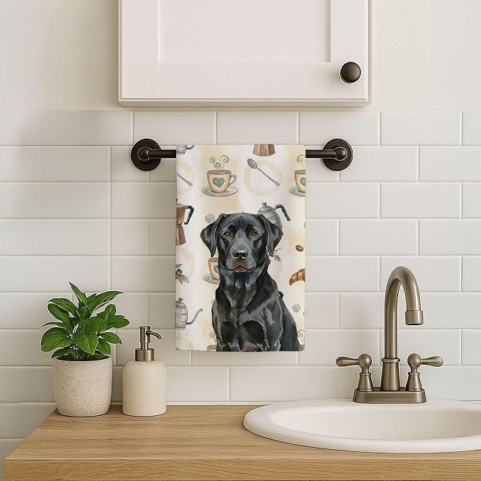 Caroline's Treasures Black Labrador Retriever Coffee Bar Kitchen Towel Velour Plush Front and Cotton Loop Back Machine Washable