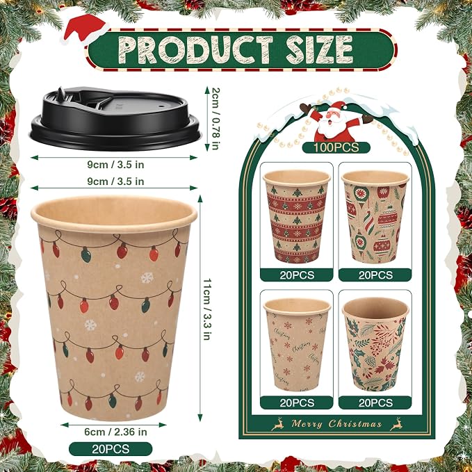 FoldTier 100 Pcs 12 oz Christmas Paper Cups with Lids Xmas Disposable Coffee Cups Holiday Kraft Paper Drinking Xmas Party Drinkware Supplies for Holiday Cocoa Beverage Cold Hot Drinks (Classic 1)