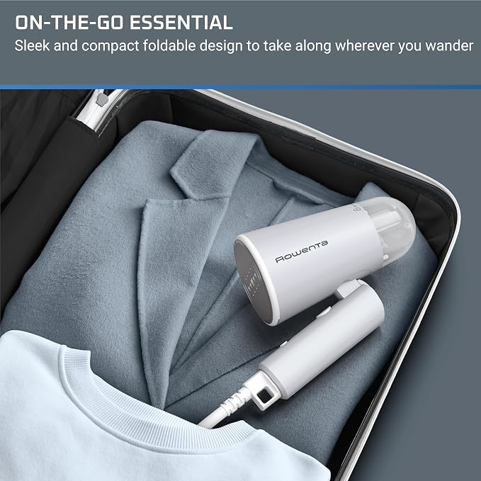 Rowenta Travel Steam Handheld Steamer 2.3 Oz Tank Capacity, Foldable,Easy Steam, Effortless wrinkle removal, 1100 watts Portable, Ironing, Fabric Steamer, Vacation Essentials, Gray, DR1011
