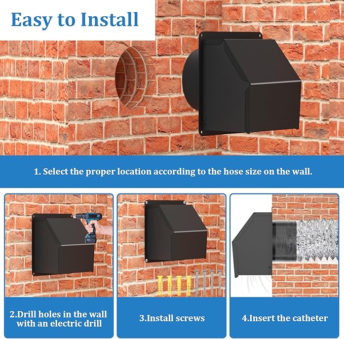 4 inch Dryer Vent Cover Outdoor,Wall Vent Cover for Dryer Outside with Rubber Cushioned Non Return Flap - Galvanized Steel Exhaust Vent Cover External Cap for Dryer Ducting/House/Range Hood/AC Black