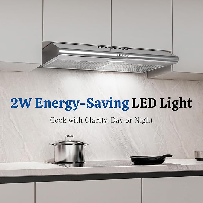 FIREGAS Under Cabinet Range Hood 30 Inch, Ducted/Ductless Convertible Kitchen Vent Hood with 250 CFM, Stainless Steel, 3-Speed Exhaust Fan, Energy-Efficient LED Lights for Stove Ventilation