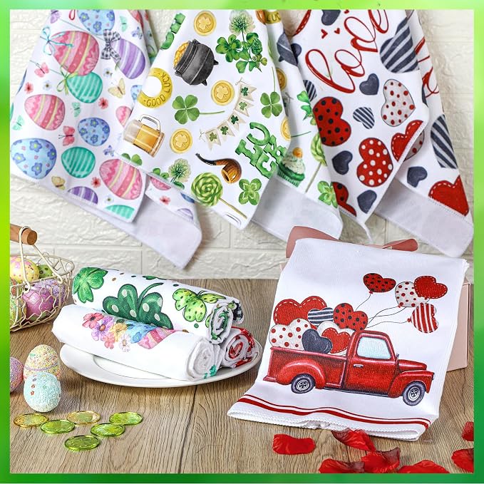 Hahafelt 12 Pcs St. Patrick's Day Kitchen Towels, Easter Hand Towels Seasonal Holiday Valentine's Day Decorative Dish Decor with Truck Shamrocks Bunny Absorbent Soft for Kitchen Bathroom, 16 x 24 Inch