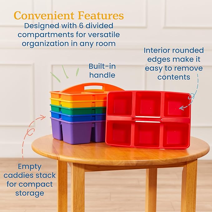 ECR4Kids 6-Compartment Large Plastic Caddy, Multipurpose Organization, Primary, 6-Pack