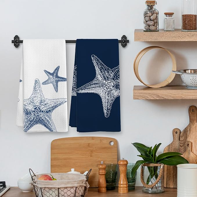 Coastal Starfish Beach Decor Dish Hand Tea Towels for Bathroom Kitchen, Blue Starfish Ocean Nautical Beachy Bathroom Decor, Coastal Nautical Kitchen Towels and Dishcloths Sets of 2, 16x24Inch