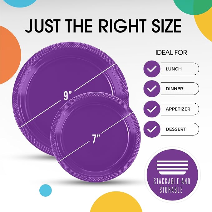 Exquisite Party Solids Purple Plastic Plates For Party Supplies, Purple Disposable Plates 100 Pieces - 50-7" & 50-9" Heavy Duty 350 GSM Disposable Dinnerware Sets, Plastic Dinnerware Sets
