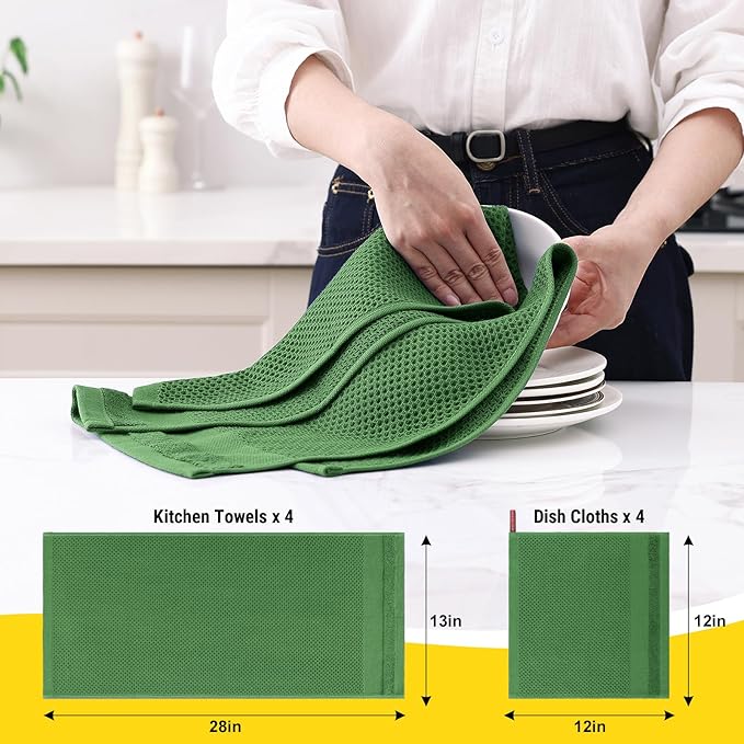 Homaxy Kitchen Towels and Dishcloths Set, 12 x 12 and 13 x 28 Inches, Set of 10 100% Cotton Waffle Weave Kitchen Towels, Super Soft and Absorbent Dish Cloths, Grass Green