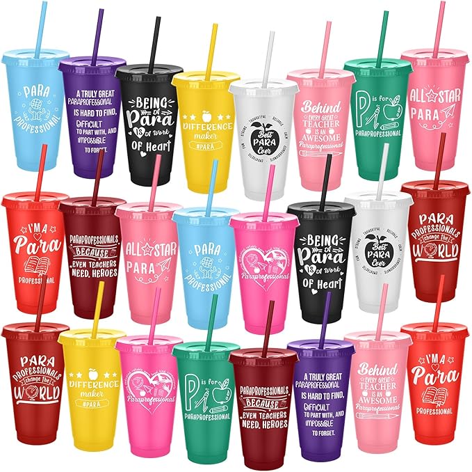 Meanplan 24 Pcs Paraprofessional Appreciation Gifts Bulk 24 oz Plastic Tumbler with Lids and Straws Paraprofessional Thank You Cups Travel Mugs Inspirational Gifts for Coworkers Office Supplies
