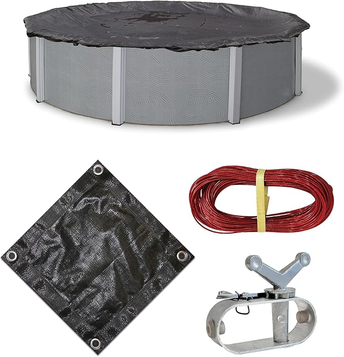 Blue Wave Rugged Mesh 15 ft 8-Year Above Ground Pool Cover for Winter – Fine Mesh Debris Barrier – 4 ft Overlap, Reinforced Grommets, Vinyl-Coated Cable, Metal Winch – Black Finish - BWC602