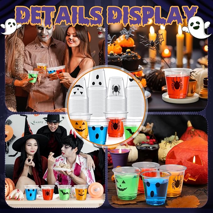 300 Pack 3 oz Halloween Plastic Shot Glasses Disposable Party Shot Cups Bulk Ghost Pumpkin Spider Bat Clear Mini Tasting Cups for Halloween Whiskey Party Favors Drinking Supplies