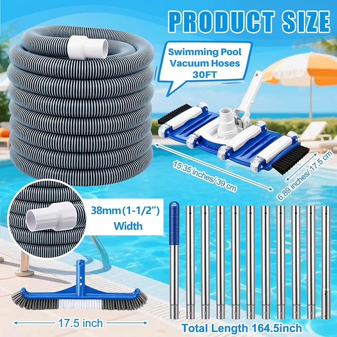 4 Pcs Swimming Pool Cleaning Kit Including Pool Vacuum Head with 1-1/2" x 30 ft Hoses Flexible Head with Bristles Wheel and White Pole 14 '' Cleaning Brush for Inground Above Ground Cleaner