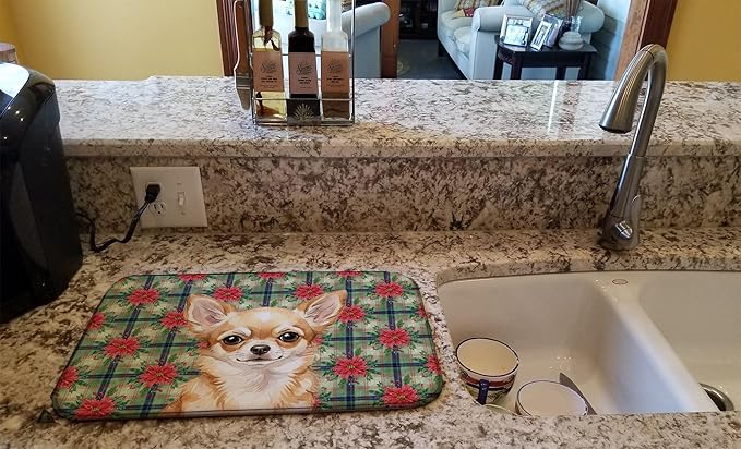 Caroline's Treasures Fawn Chihuahua Christmas PoinsettIas Dish Drying Mat Absorbent Dish Drying Mat Pad for Kitchen Counter Dish Drainer Mat for Countertop, 14 x 21", Multicolor