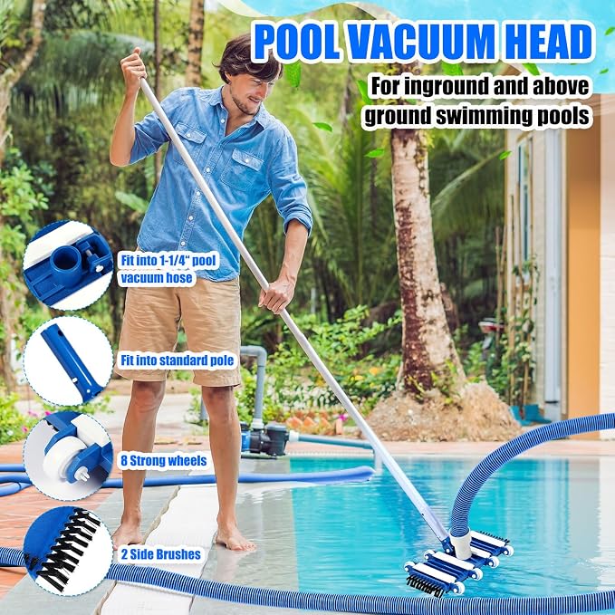 2 Pcs Pool Cleaning Vacuum Kits Include 14" Swimming Pool Vacuum Head with Flexible Wheels and 1-1/2" x 18 FT Hoses for Inground Above Ground Pond Cleaning, Pole Not Included (Side Brushes)