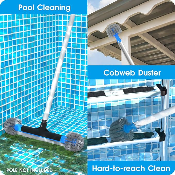 TidyMister 20'' 2-in-1 Heavy Duty Round Pool Brush with Fine Mesh Skimmer Net and 6 FT Poles